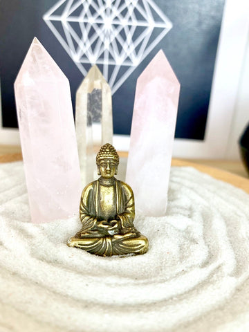 Tiny Buddha & Rose Quartz Zen Garden; Crystal Wand + Brass Figurine; Spiritual Altar Decor
